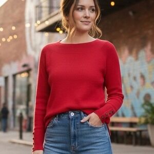 Isela $65 Large Red Soft Ribbed Four Button Cuff Rayon‎ Blend Crew Neck Sweater